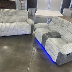 New Corduroy Couch / Love Seat.  Grey.  LED Lights.  Free Delivery!