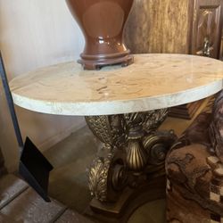 Vintage Rococo style marble top Side table with ornate gold-toned pedestal base