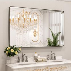 New in box 50X30 Inch Brushed Nickel Bathroom Mirror, Rounded Rectangle Silver Metal Frame Mirror, Brushed Nickel, Anti-Rust, Shatter Proof, Hangs Hor