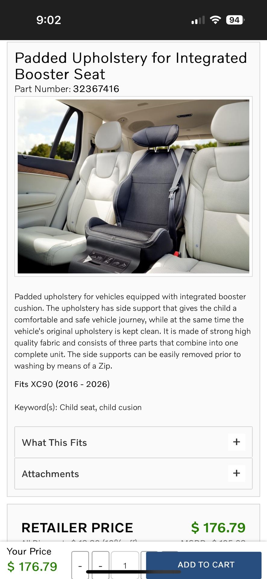 Volvo Integrated Booster Seat Cover