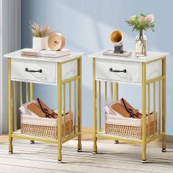 Nightstands Set of 2, Industrial Side/End Tables with Drawer and Storage Shelf, Night Stands, White