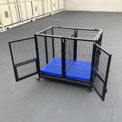 New $160 Folding Dog Cage 37x25x33” Heavy Duty Double-Door Kennel w/ Divider, Plastic Tray 