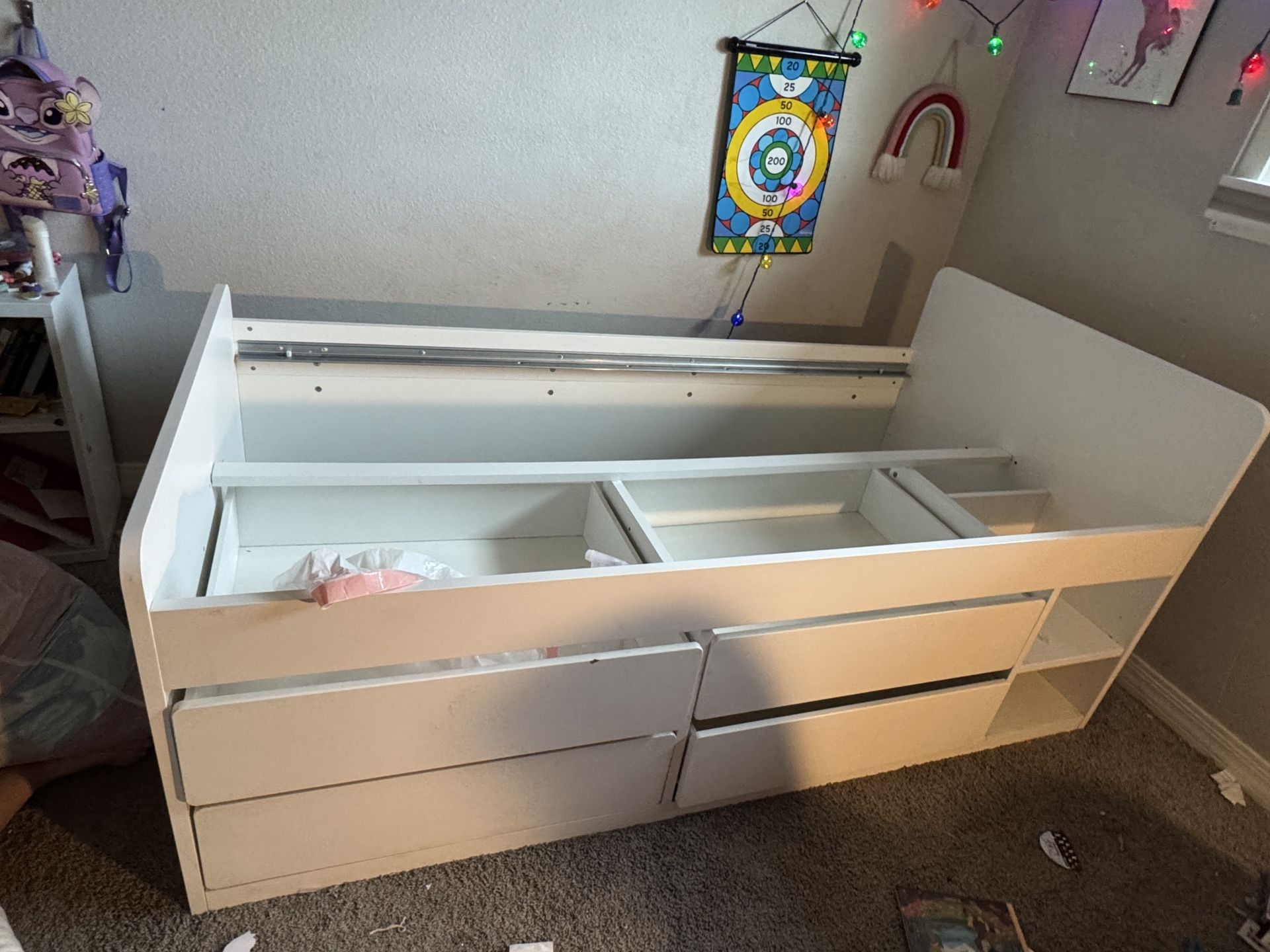 Twin Bed frame w/storage+slatted bedbase, white