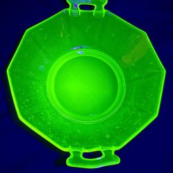 Vintage Green Uranium Depression Glass Serving Bowl 10 Sided Handles