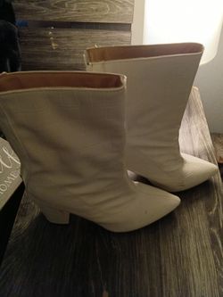 Cream Pointed-Toe Heeled Ankle Boots