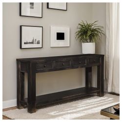 Rustic Solid Black Sofa/Console Table - 4 Drawers & Shelf