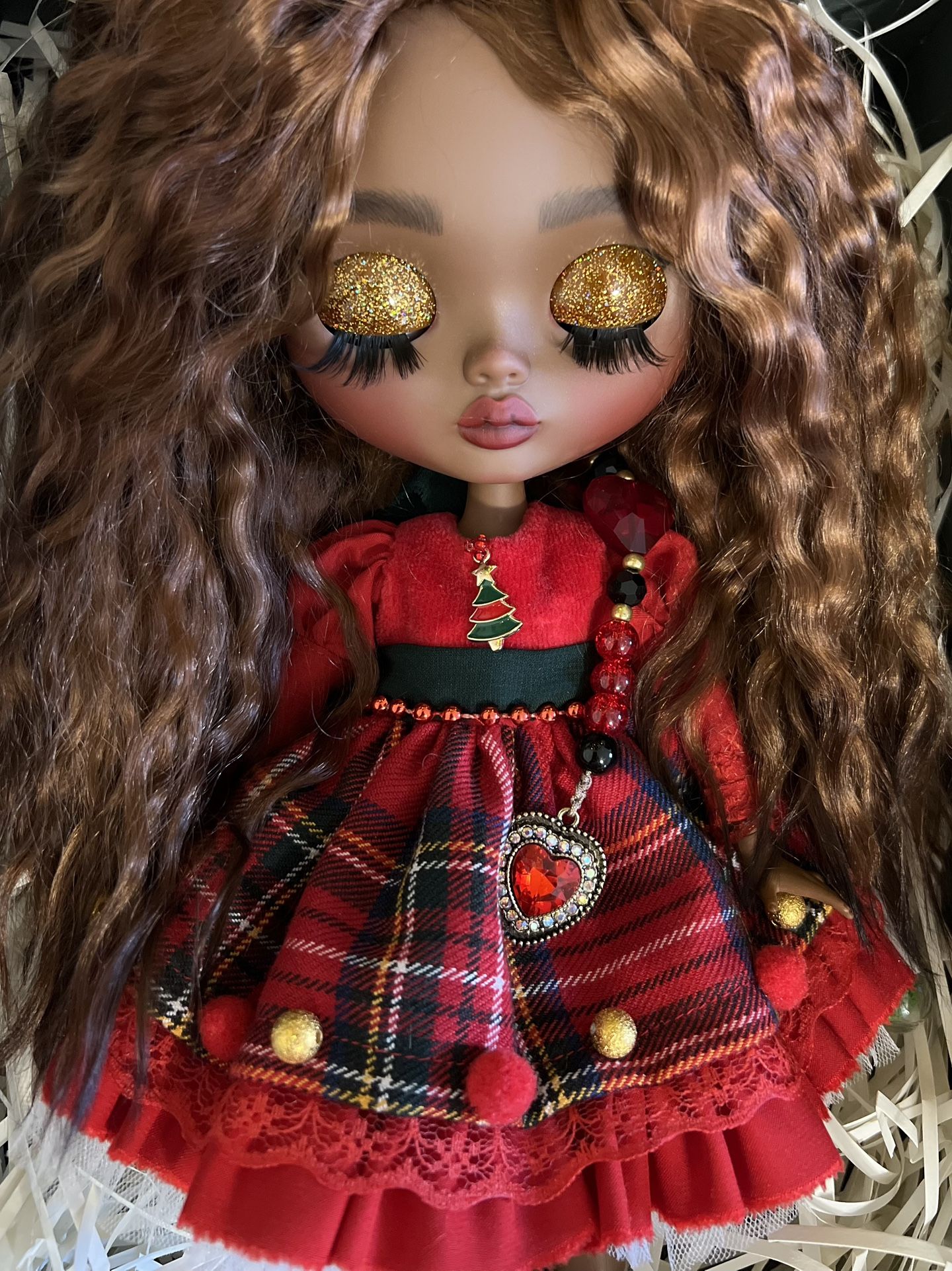 Miss Goldy Girl. Custom Blythe doll. Handmade product. OOAK doll. TBL Blythe. Art doll. Super dark brown skin. Brown hair