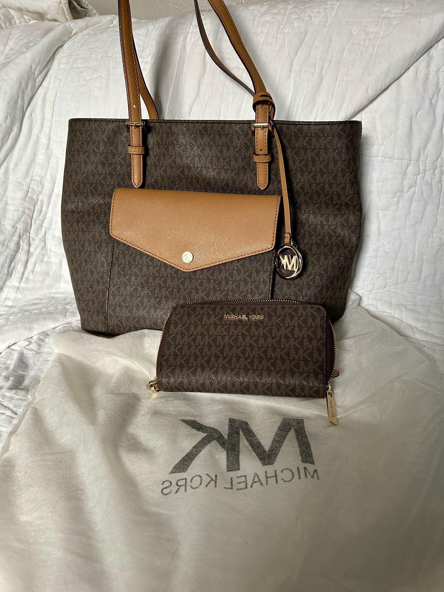 Michael Kors Brown and Tan Tote Bag with matching wallet