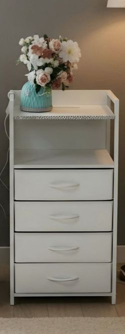 White Side Table/Nightstand w/ Built‑In Power Outlets, USB Ports & 4 Drawers