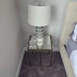 Two Brass End Tables With Lamps