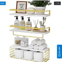 BRAND NEW - Floating Shelves with Storage Basket, Set of 3 - White and Gold