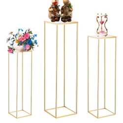 3PCS Cylinder Pedestal Stands for Parties, Square Gold Metal Plant Cylinder Stands for Party Flowers, Display Columns Pedestal Stand Cylinder Tables f
