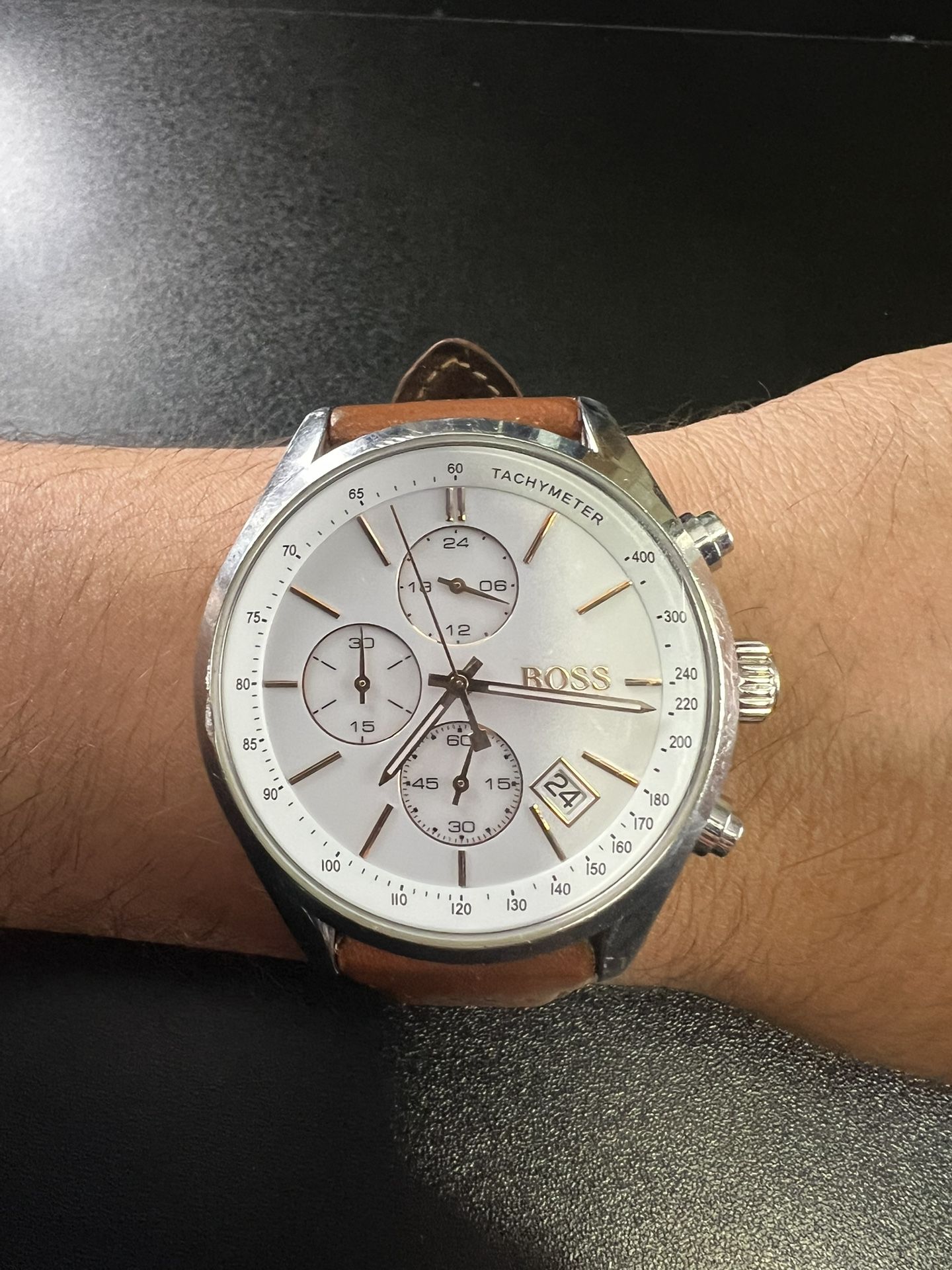 Hugo Boss Brown Leather Watch, White Dial