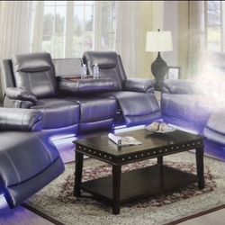 Dark Grey Leather Fully Power Reclining Couch Set