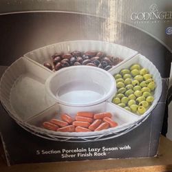 GODINGER 5 SECTION PORCELAIN LAZY SUSAN WITH SILVER FINISH RACK SERVING TRAY SERVER