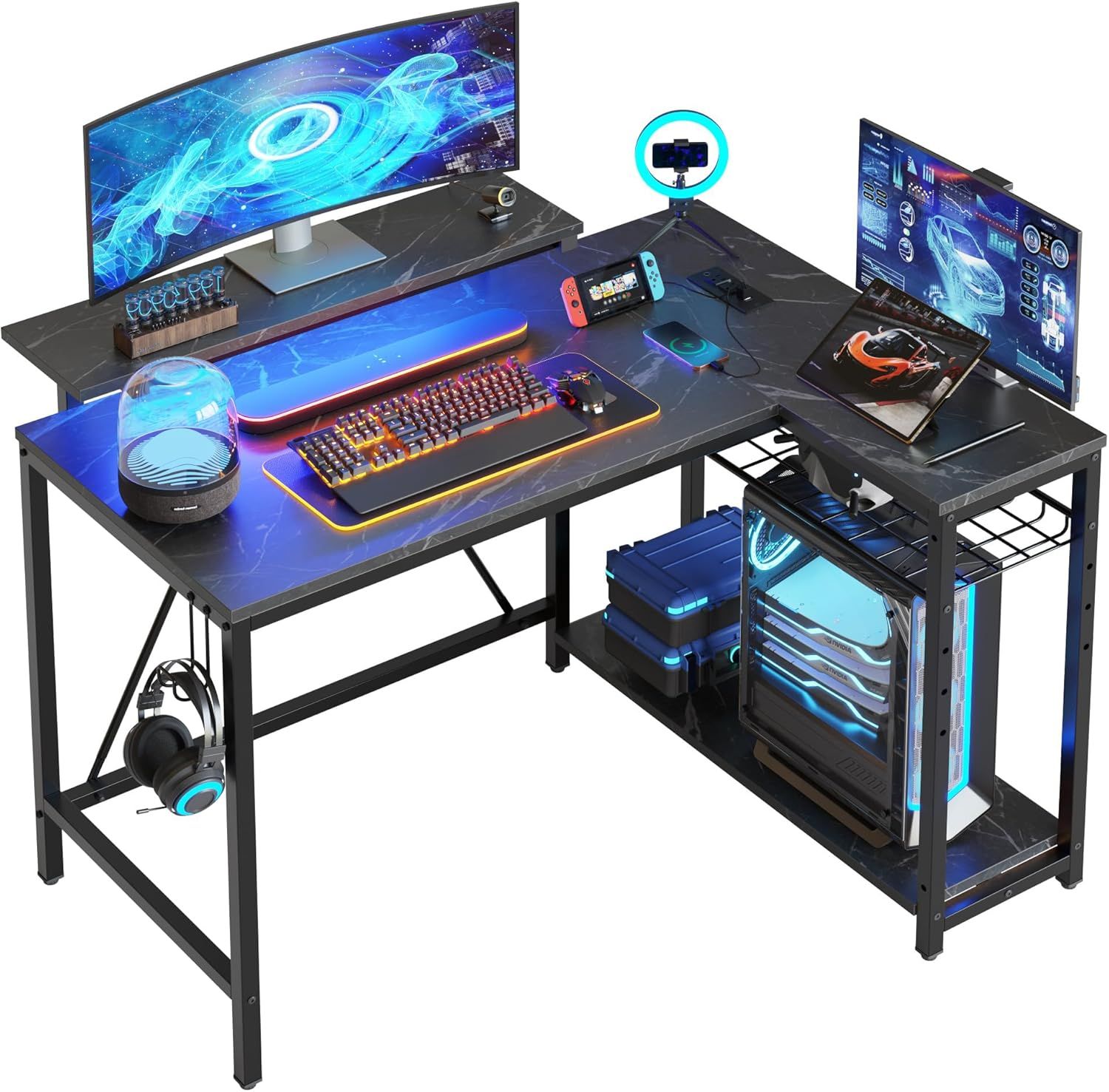Bestier Gaming Desk with Power Outlets, 42" L-Shaped Gaming Desk with LED Lights, Desk with Reversi