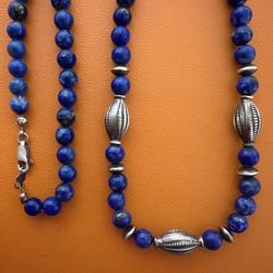 Vintage Lapis Lazuli Beaded Necklace with Sterling Silver Handmade Beads 925