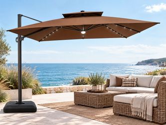 Crestlive Products 11-ft Aluminum Tan Crank Cantilever Patio Umbrella with Base, solar lights and speaker Available in Coffee - Blue Color