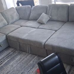 4pcs Sectional Sofa w/sofa & chaise storage,pulloutbed & USB connection 