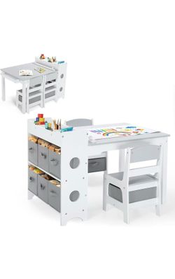 Kinder King Kids Art Table & Chair Set, Wood Toddler Activity Table for Kids Drawing, Reading, Studying, Crafting, Playing, 8 Removable Bins, Paper Ro