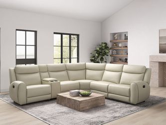 Brand New Beige Top Grain Leather Reclining Power Sectional Sofa