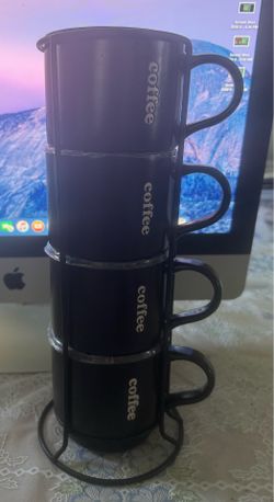 Signature Housewares Stoneware Embossed Coffee Mugs with Metal Wire Tower Rack