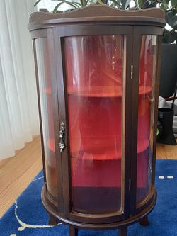 Antique Wood & Red Velvet Curio Cabinet