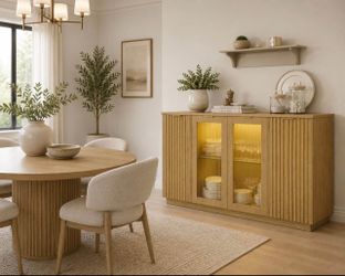 Sideboard Buffet Cabinet with Glass Doors & LED Lights, Fluted Credenza Storage Cabinet with Adjust