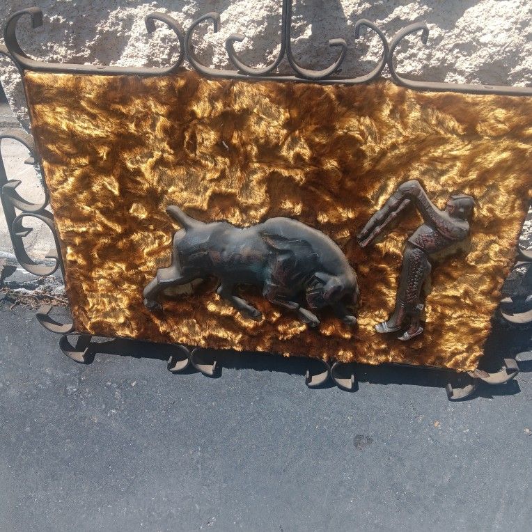 Cast Iron Bull & Bullfighter On Crush Velvet Wrought Iron Frame