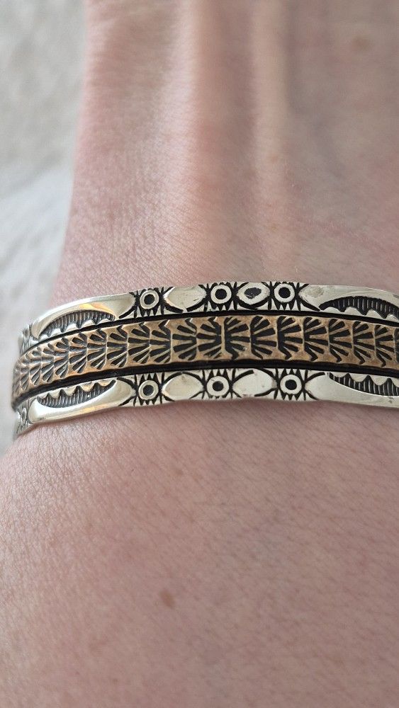 Vtg.Sterling Silver & 12kt. Gf-accent  Southwestern Design Cuff Bracelet