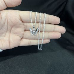 925 Sterling Silver Women Small CZ Small Butterfly & Curb Chain