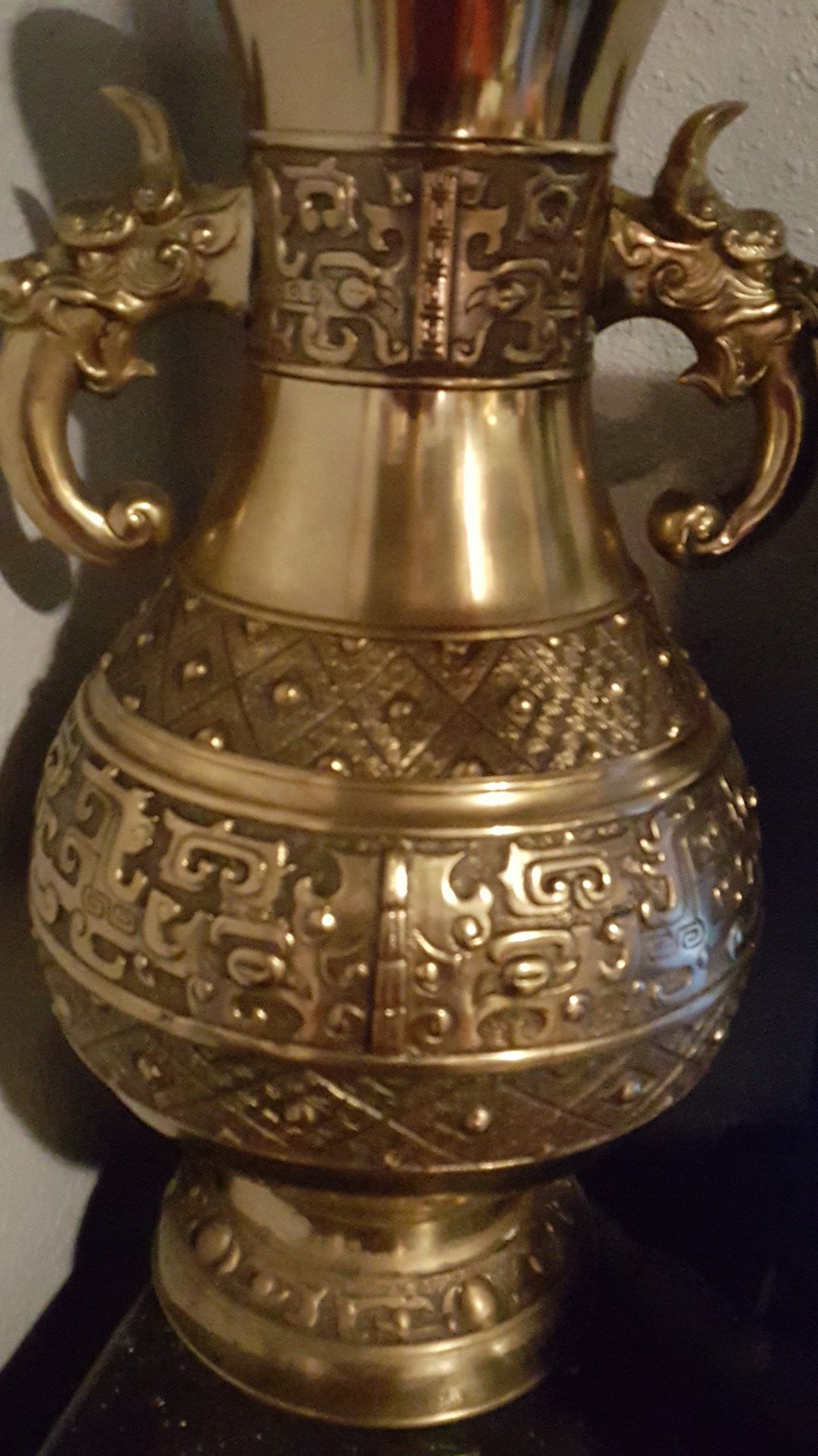 Antique brass Chinese dragonhandle vase