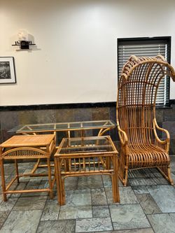 Living Room Set of Four Bamboo Furniture Peacock Chair Coffee End Table