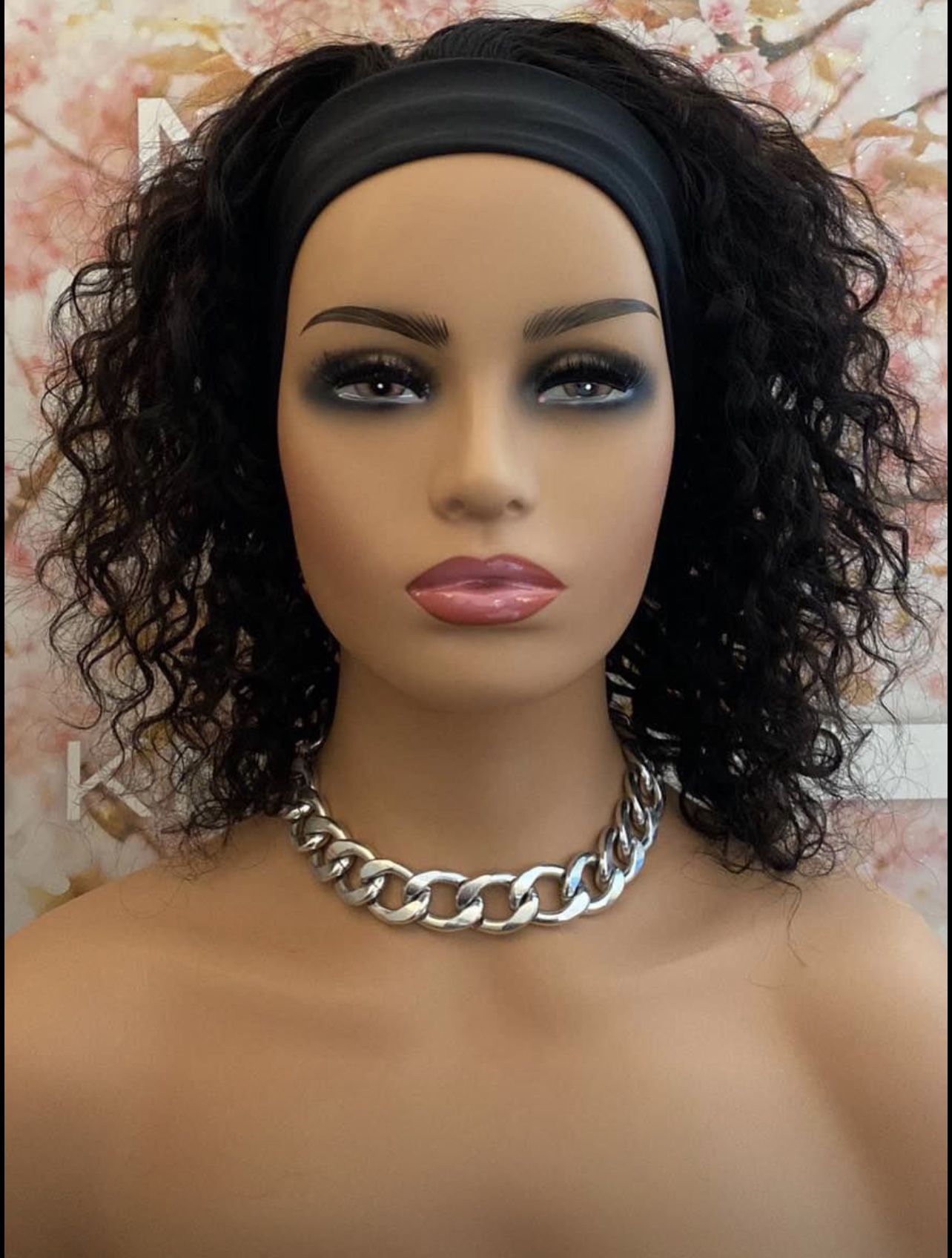 NATURAL BROWN VIRGIN HUMAN HAIR HEADBAND WIG IN CURLY TEXTURE