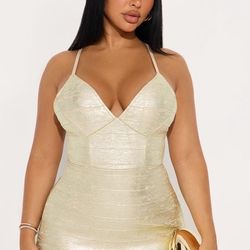 Gold Bandage Mini Dress ! Size Large 