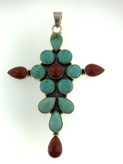 HUGE~Navajo Turquoise and Coral~Sterling Silver Cross Pendant~WOW