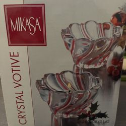 Set Of 2 Mikasa Crystal Votives (Christmas) New In Box