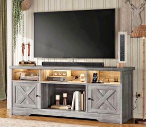 Grey Farmhouse TV Storage for 65" TVs – LED Lights & Power Outlets