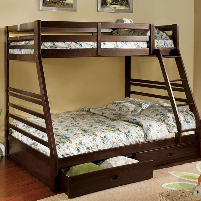 Brand New Espresso Twin Over Full Bunk Bed w Trundle Drawers 