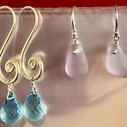 Lot BLUE QUARTZ Light PURPLE SEA GLASS DANGLING STERLING SILVER EARRINGS