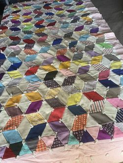 Vintage Handmade Necktie Quilt Tumbling Blocks Patchwork Hand Tied 82x75