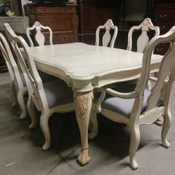 Antique White Victorian Dining Room Table Set with 6 Chairs