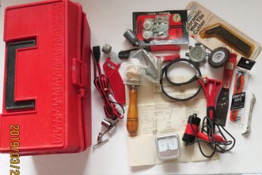 Tool Box With Tools Strap Wrench Tile Cutter Auto Short Finder And More