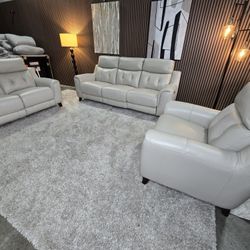 LIKE NEW- Malibu 3-piece Real Leather Power Reclining Set with Power Headrests – Sofa, Loveseat, Recliner