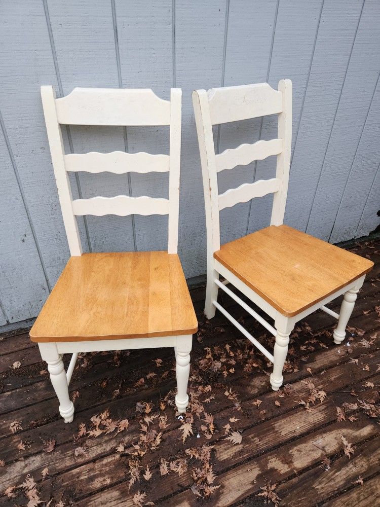 Pair of dining chairs vintage ladderback French provincial cabin cottage farmhouse wood white Malaysia