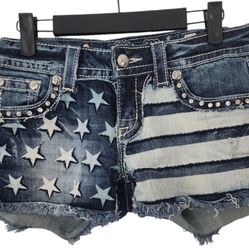 Women's Medium Wash Stars and Stripes Mid Rise Miss Me Flag Shorts