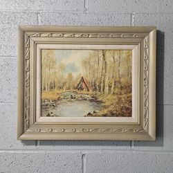 OIL ON CANVAS PAINTING COTTAGE SIGNED BY LORENZ FRAMED 19"×23" 