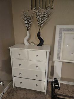White Sparkly Headboard,  Queen bed frame, White Drawer set