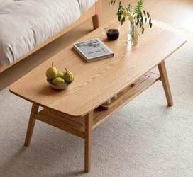 Newly Assemble Solid Oak Wood Small Wooden Coffee Table with Storage Shelf Coffee Table 2-Tier