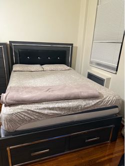 Queen Bed Frame with Storage Drawers – Modern Black Upholstered Headboard – Used – $1,800 OBO Description: Selling my used queen-size bed frame in goo